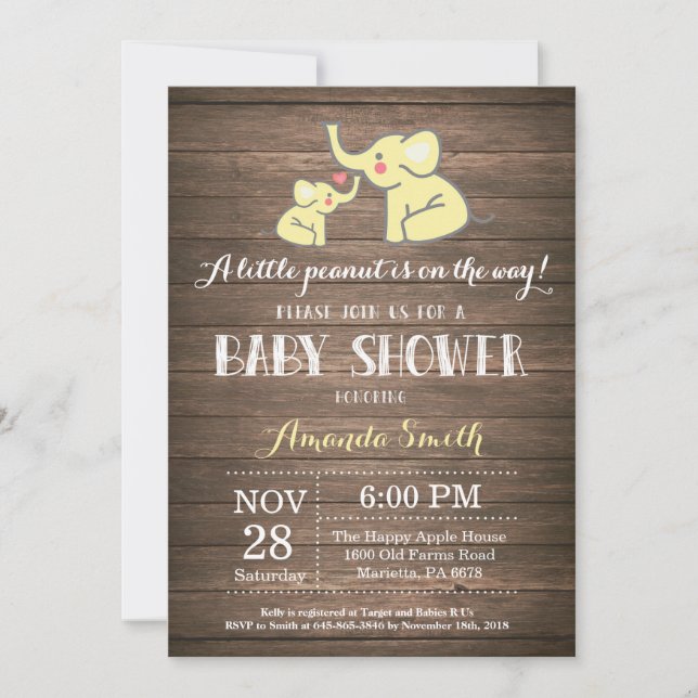Elephant Baby Shower Invitation Yellow Rustic (Front)