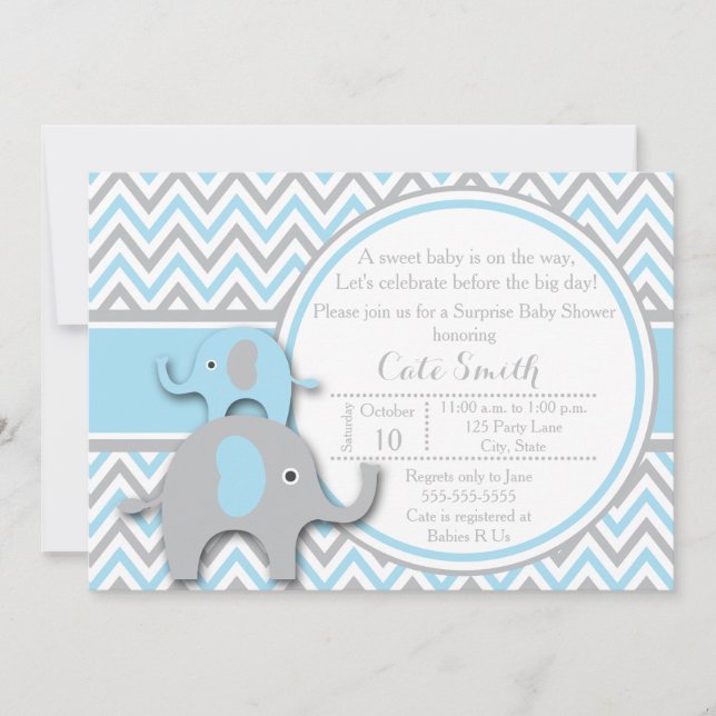 Elephant Baby Shower Invitations, Blue and Grey Invitation (Front)