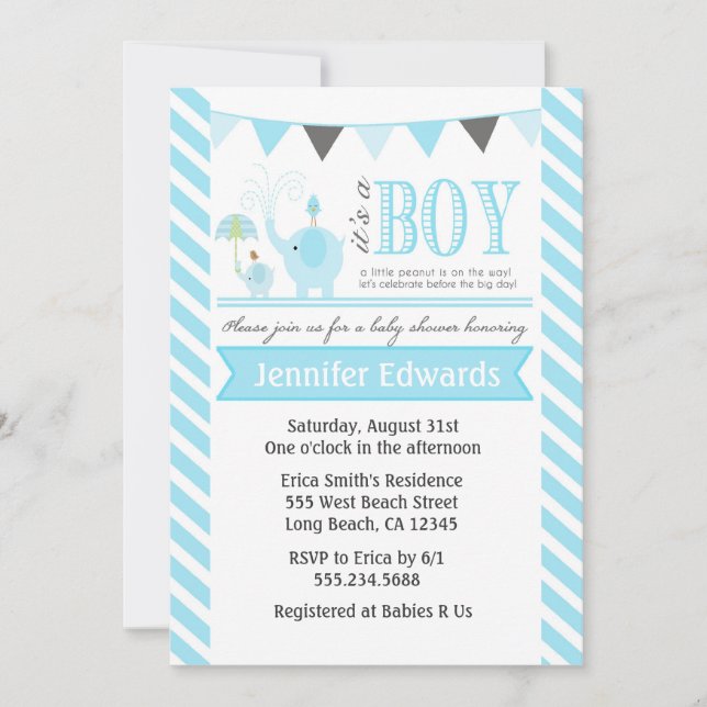 Elephant Baby Shower Invitations Boy Invites Blue (Front)