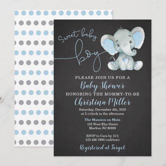 Elephant Baby Shower Invitations for a Boy (Front/Back)