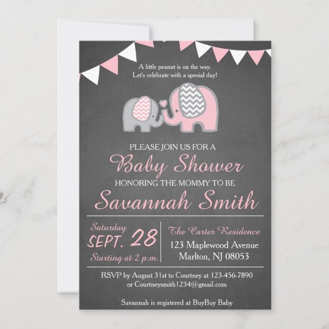 Elephant Baby Shower Invitations for a Girl (Front)
