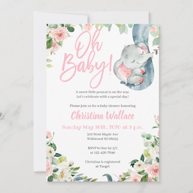 Elephant Baby Shower Invitations for a Girl (Front)