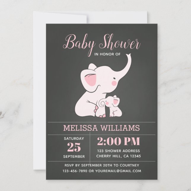 Elephant Baby Shower Invitations for Girl (Front)