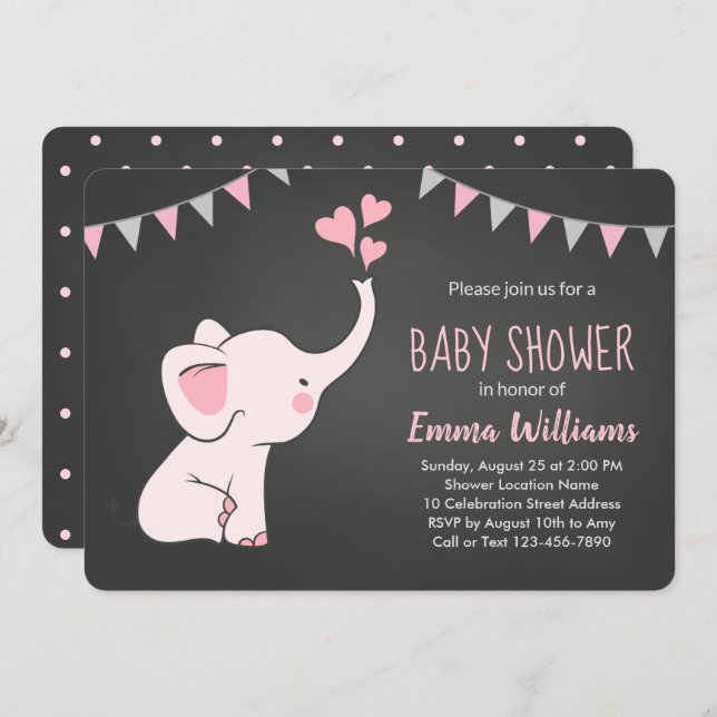 Elephant Baby Shower Invitations for Girl | Pink (Front/Back)