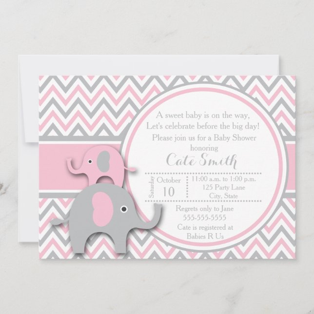 Elephant Baby Shower Invitations, Pink and Grey Invitation (Front)
