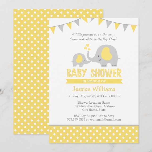 Elephant Baby Shower Invitations | Yellow and Grey (Front/Back)