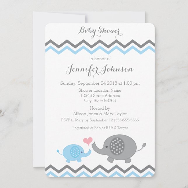 Elephant Baby Shower Invite | Blue Grey Chevron (Front)