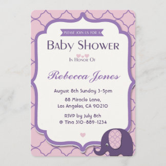 Elephant Baby Shower Invite Pink Purple Quatrefoil