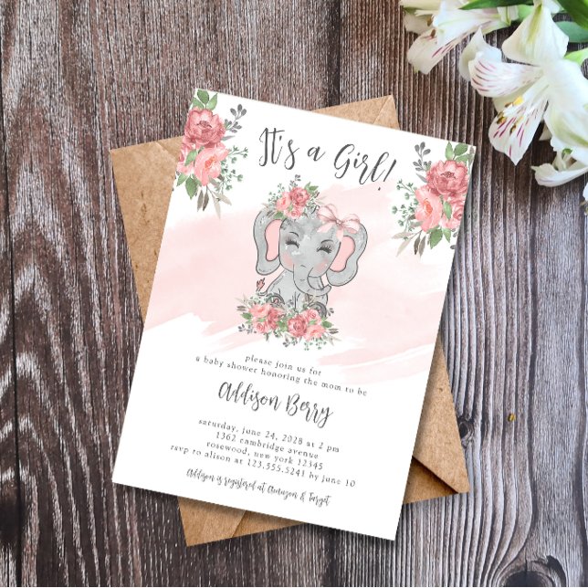 Elephant Baby Shower It's a Girl Invitation (Creator Uploaded)
