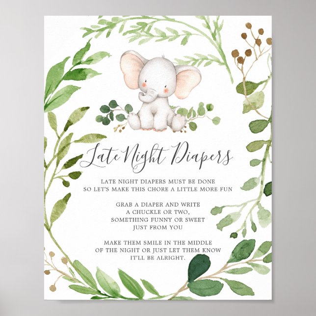 Elephant Baby Shower Late Night Diapers Sign (Front)