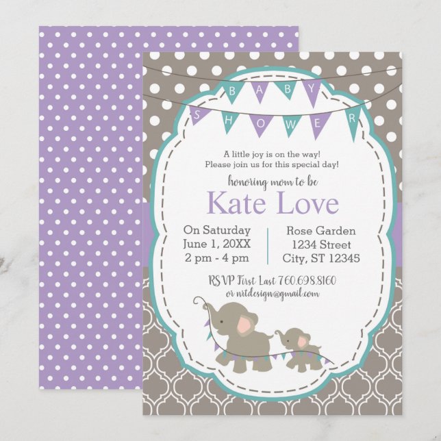 Elephant Baby Shower Lavender Teal  Invitation (Front/Back)