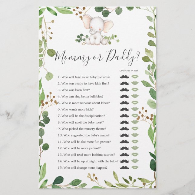 Elephant Baby Shower Mummy or Daddy Game (Front)
