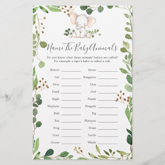 Elephant Baby Shower Name The Baby Animals (Front)