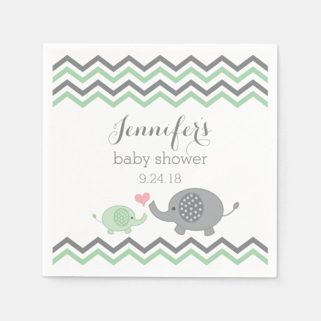 Elephant Baby Shower Napkins Green Grey Chevron (Front)