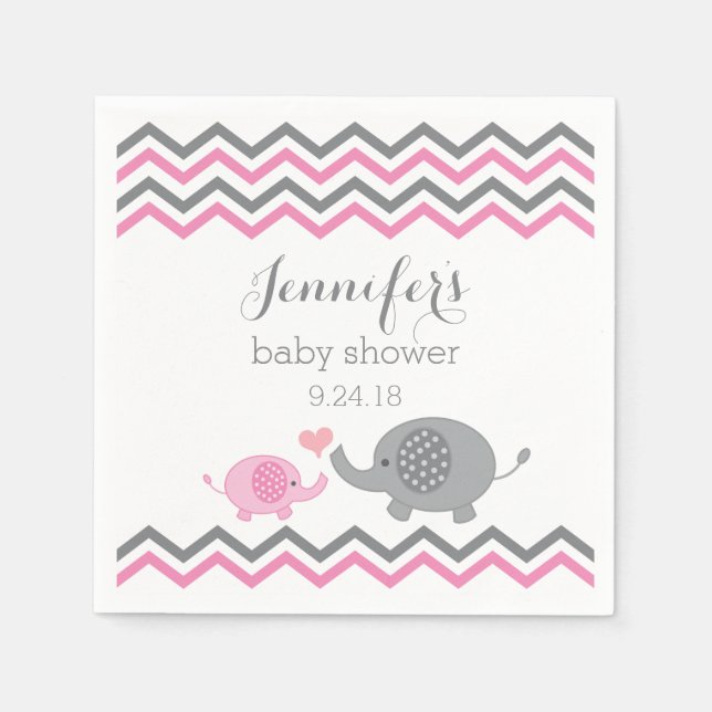 Elephant Baby Shower Napkins Pink Grey Chevron (Front)