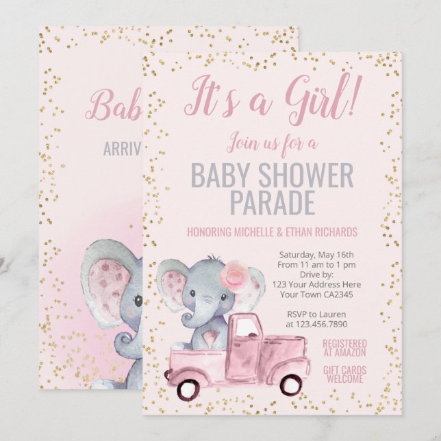 Elephant Baby Shower Parade Invitation (Front/Back)