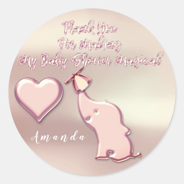 Elephant Baby Shower Party Favour Thank  Rose Hear Classic Round Sticker (Front)