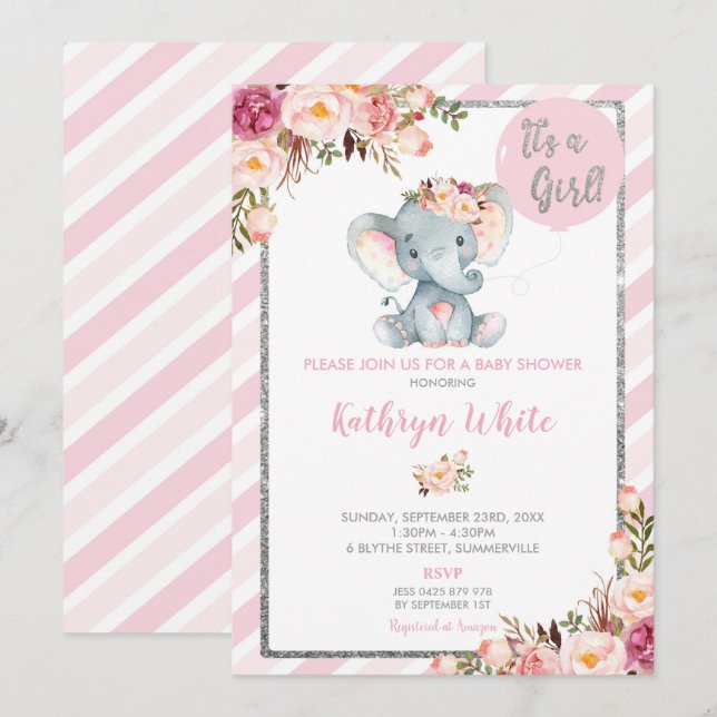 Elephant Baby Shower Pink and Silver Invitation (Front/Back)