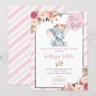Elephant Baby Shower Pink and Silver Invitation
