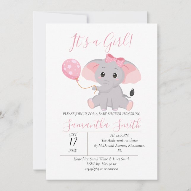 Elephant Baby Shower Pink Balloon  Invitation (Front)