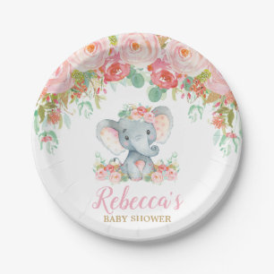 Elephant Baby Shower Pink Blush Floral Dessert 7" Paper Plate