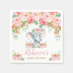 Elephant Baby Shower Pink Blush Floral Girl Small Napkin