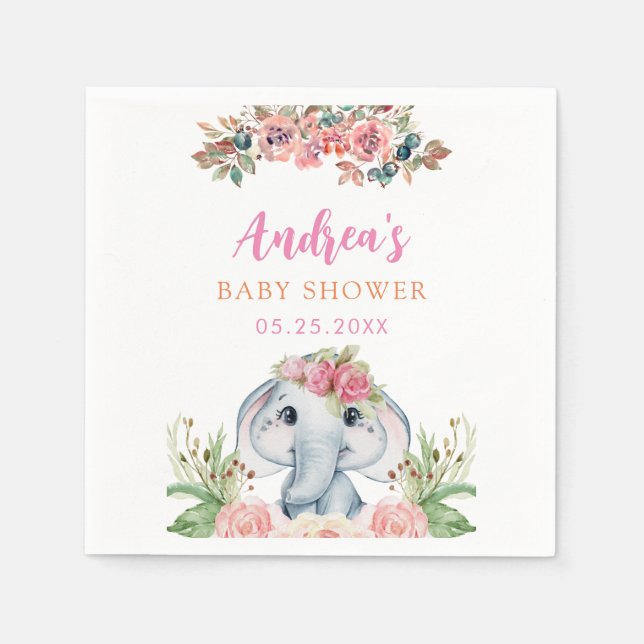Elephant Baby Shower Pink Flower Napkins (Front)
