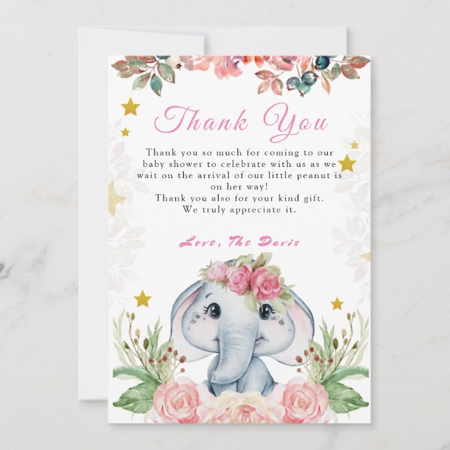 Elephant Baby Shower Pink Flower Thank You Card  (Front)