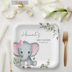 Elephant Baby Shower Pink Girl's Paper Plate