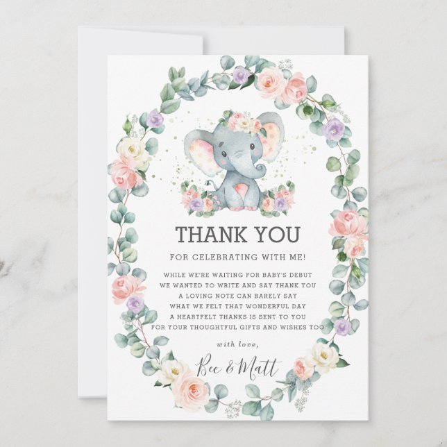 Elephant Baby Shower Pink Purple Floral Greenery Thank You Card (Front)