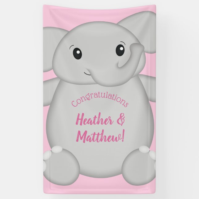 Elephant Baby Shower Pink Safari Girl Banner (Vertical)