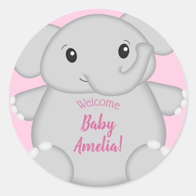 Elephant Baby Shower Pink Safari Girl Classic Round Sticker (Front)
