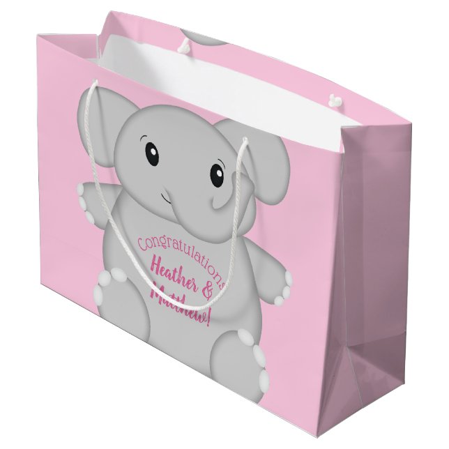 Elephant Baby Shower Pink Safari Girl Large Gift Bag (Back Angled)