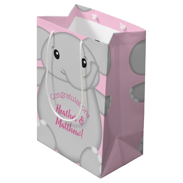 Elephant Baby Shower Pink Safari Girl Medium Gift Bag (Back Angled)