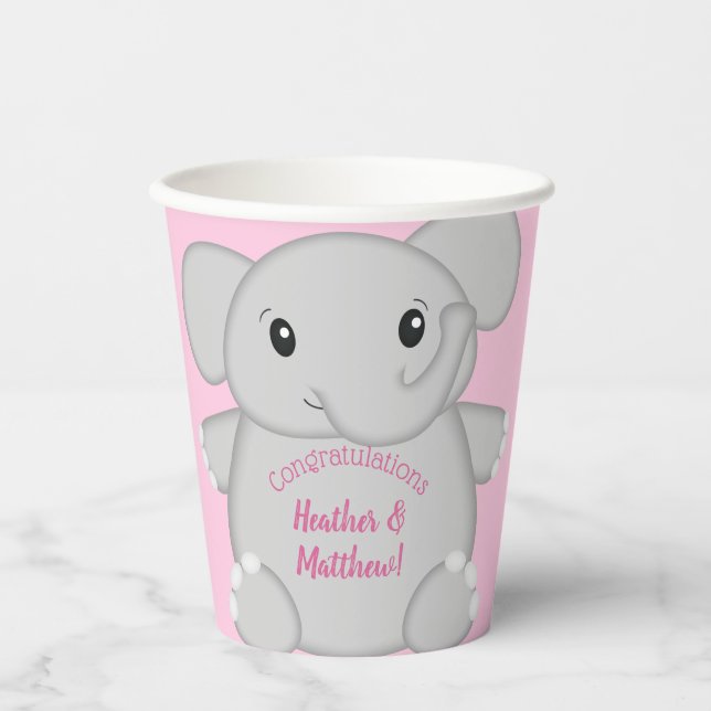 Elephant Baby Shower Pink Safari Girl Paper Cups (Front)