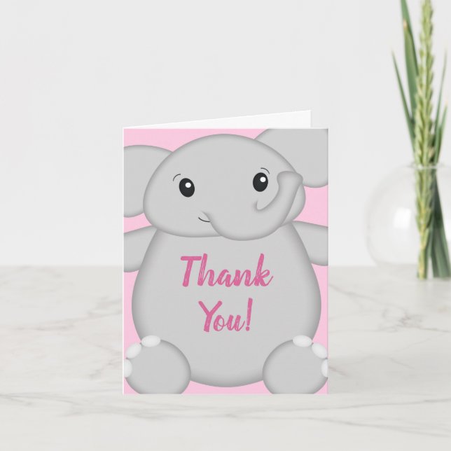 Elephant Baby Shower Pink Safari Girl Thank You Card (Front)
