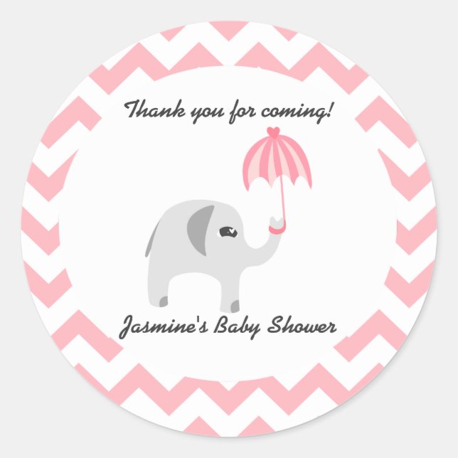 Elephant Baby Shower Pink Umbrella Classic Round Sticker (Front)