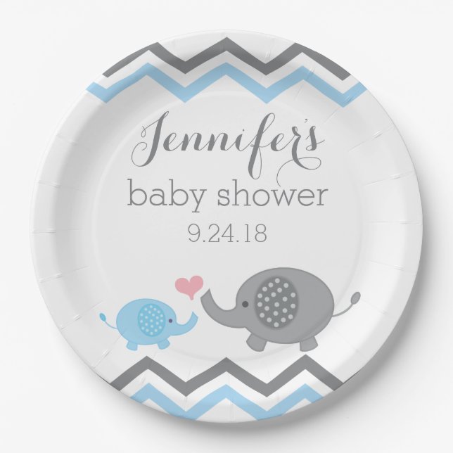 Elephant Baby Shower Plates | Blue Grey Chevron (Front)