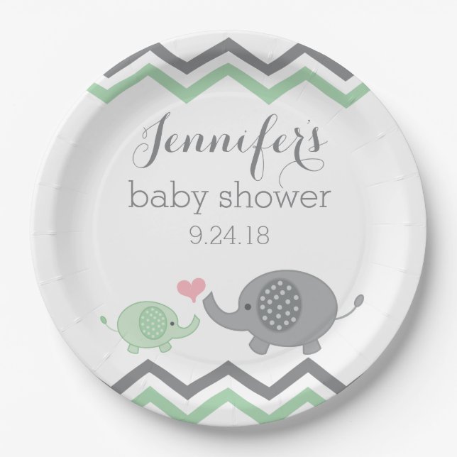 Elephant Baby Shower Plates | Green Grey Chevron (Front)