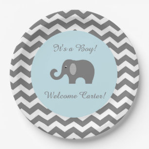 Elephant baby shower plates in chevron print