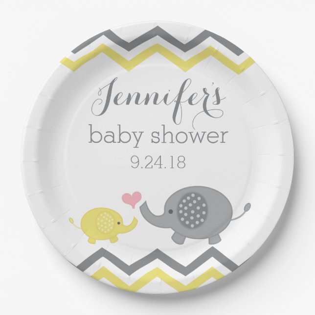 Elephant Baby Shower Plates | Yellow Grey Chevron (Front)