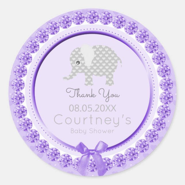 Elephant Baby Shower Purple Grey Thank You Favour Classic Round Sticker (Front)