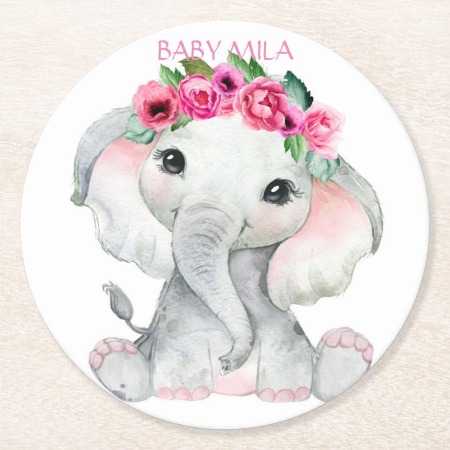 Elephant Baby Shower Round Paper Coaster (Front)