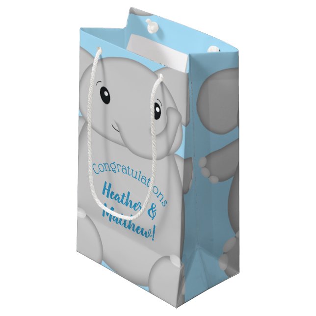 Elephant Baby Shower Safari Blue Boy Small Gift Bag (Front Angled)