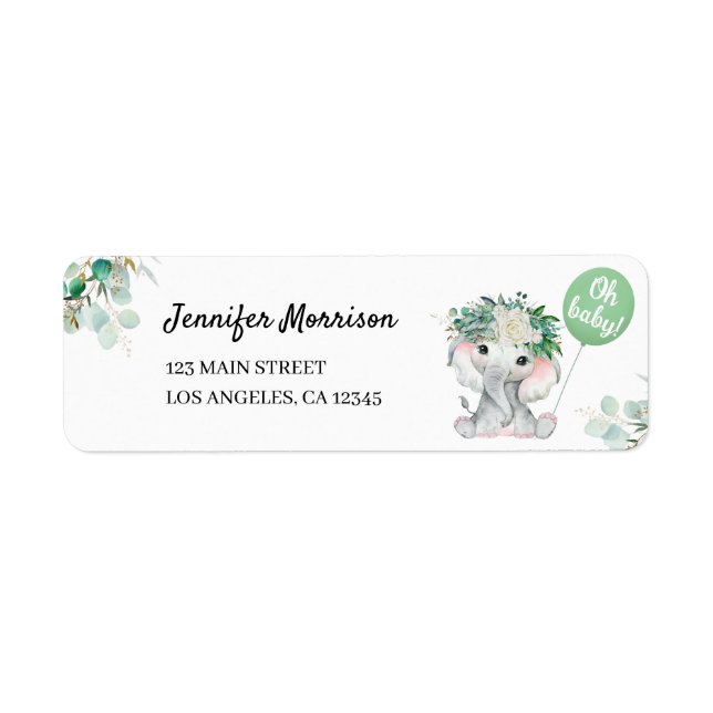 Elephant Baby Shower Sage Green Return Address  (Front)