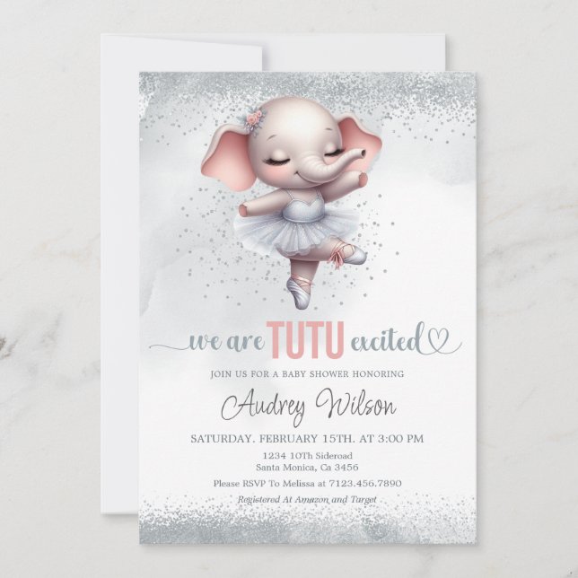 Elephant Baby Shower Silver and Pink Tutu Dress Invitation (Front)