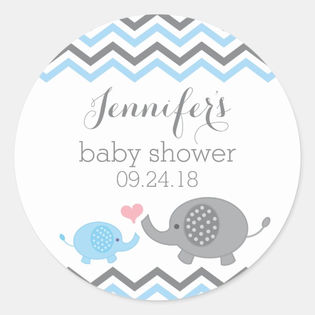 Elephant Baby Shower Stickers | Blue Grey Chevron (Front)