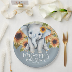 Elephant Baby Shower Sunflower Glitter Dusty Blue Paper Plate