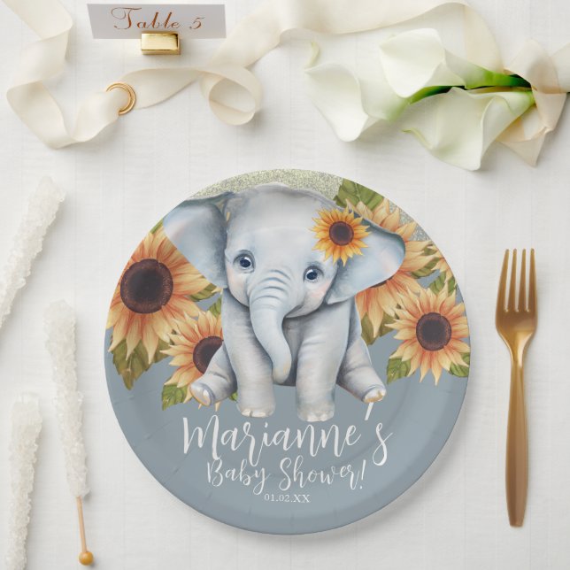 Elephant Baby Shower Sunflower Glitter Dusty Blue Paper Plate (Wedding)