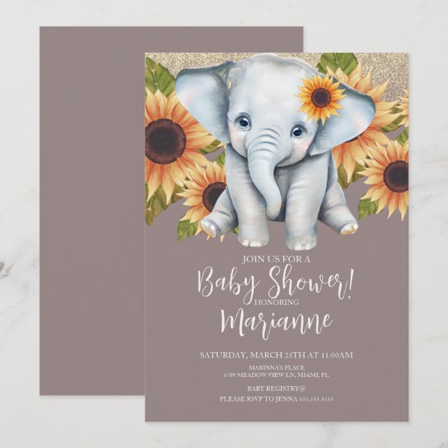 Elephant Baby Shower Sunflower Glitter Dusty Pink Invitation (Front/Back)